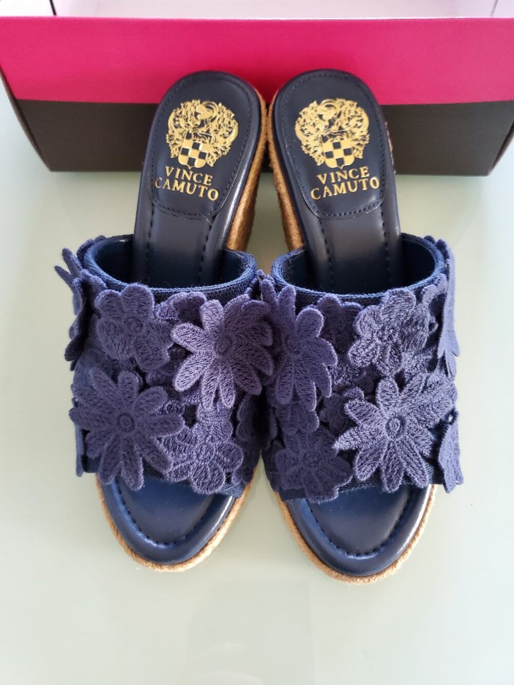 Vince Camuto Navy Floral Lace Wedge Slides 8.5